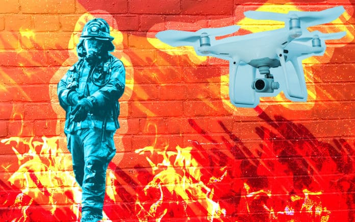 Delivering Mission-Critical Data to Enhance First Responders's Work Firefighter and a drone